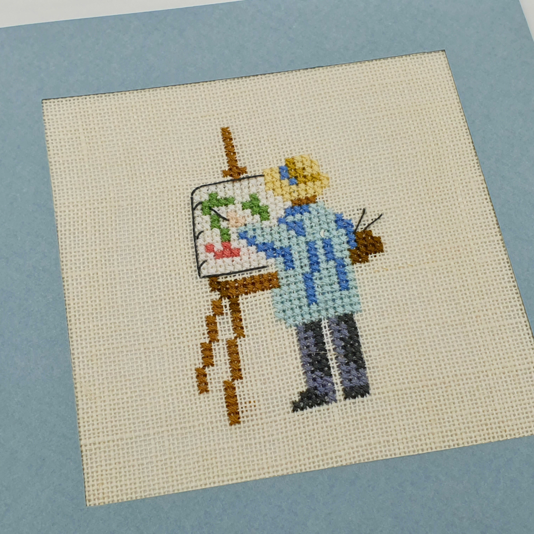 Carte de vœux brodée à la main - "Garçon peignant en bleu" - 13x13cm