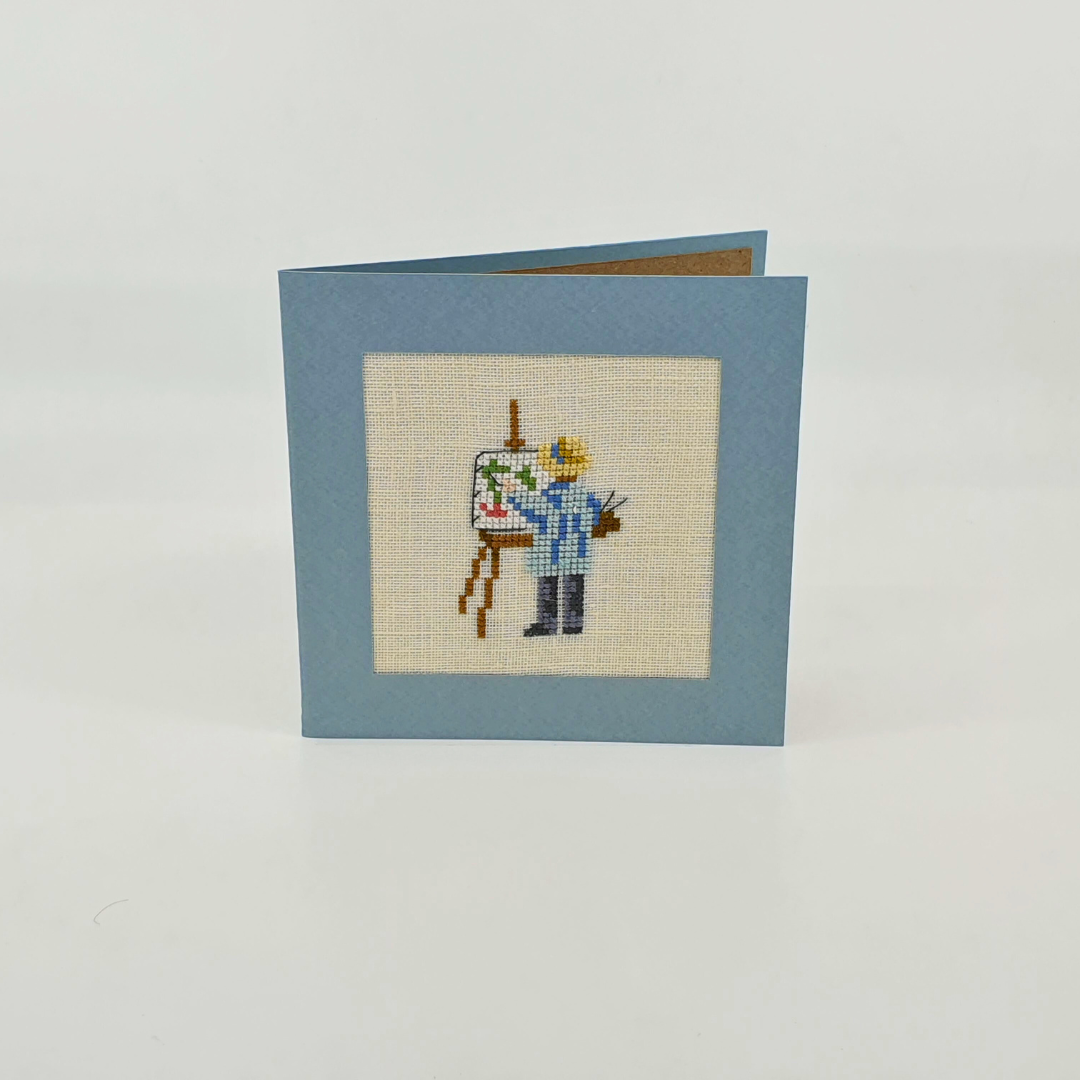 Carte de vœux brodée à la main - "Garçon peignant en bleu" - 13x13cm
