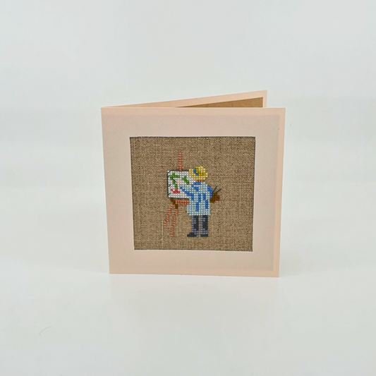 Carte de vœux brodée à la main - "Garçon peignant en rose" - 13x13cm