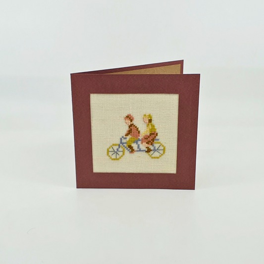 Carte de vœux brodée à la main - "Vélo tandem" - 13x13cm