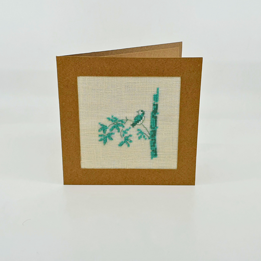 Carte de vœux brodée à la main - "Oiseau sur une branche" - 14.5x14.5cm