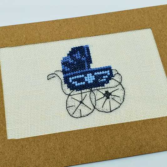 Carte de vœux brodée à la main - "Poussette bleue" - 15x10.5cm