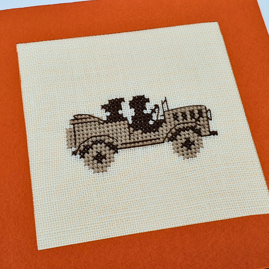 Carte de vœux brodée à la main - "Jeep rétro" - 13x13cm