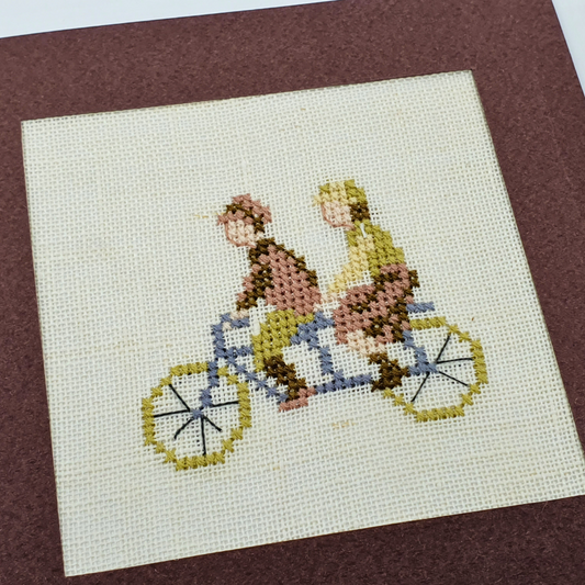 Carte de vœux brodée à la main - "Vélo tandem" - 13x13cm