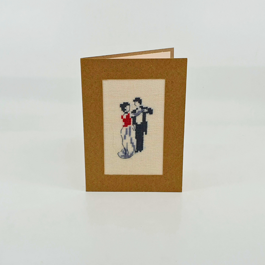 Carte de vœux brodée à la main - "Danseurs" - 15x10.5cm