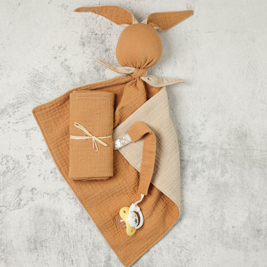 Package cadeau bébé Beige et Camel - Doudou, Lange et Attache-tétine